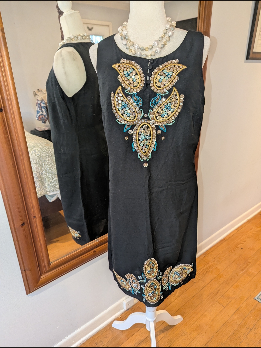 Monsoon Black Midi Dress with Gold and Turquoise Embellishment